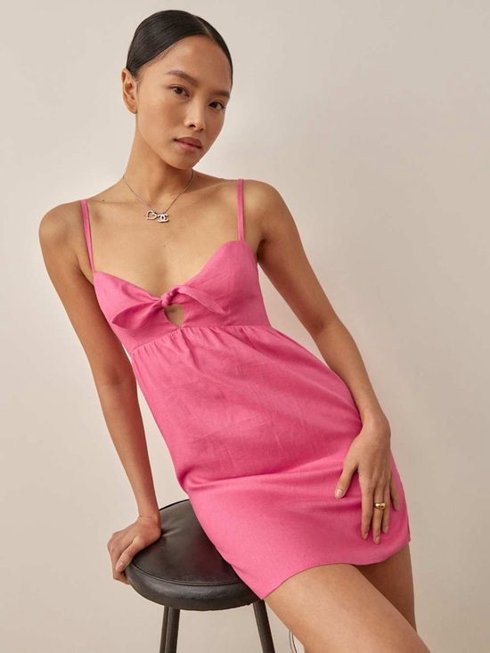 Reformation Dresses & Skirts - Reformation Ryland Linen Dress Mini Sweetheart Neckline Front Tie Knit Pink